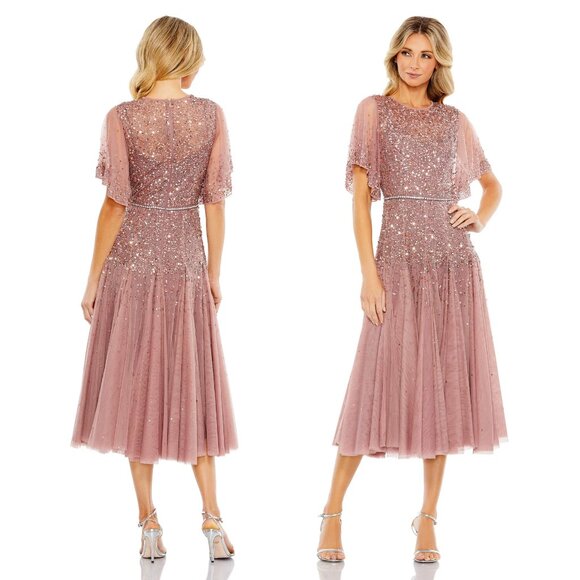 CAPE SLEEVE BEADED TEA LENGTH A-LINE DRESSMAC DUGGAL 93655